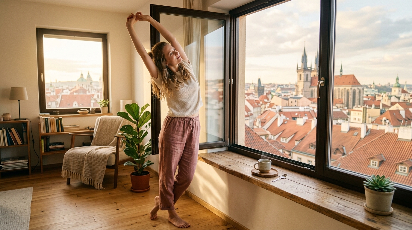 Ranní rituál — šálek bylinkového čaje u okna se slunečním světlem