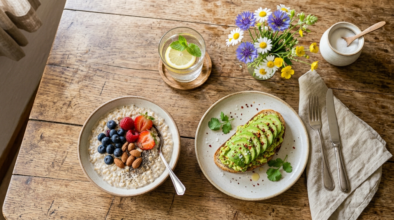 Zdravá snídaně na dřevěném stole — ovesná kaše s ovocem a bylinkový čaj