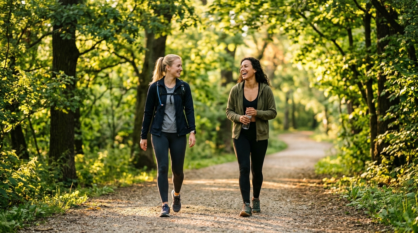 Dva přátelé na ranní procházce v parku plném stromů — slunečné ráno